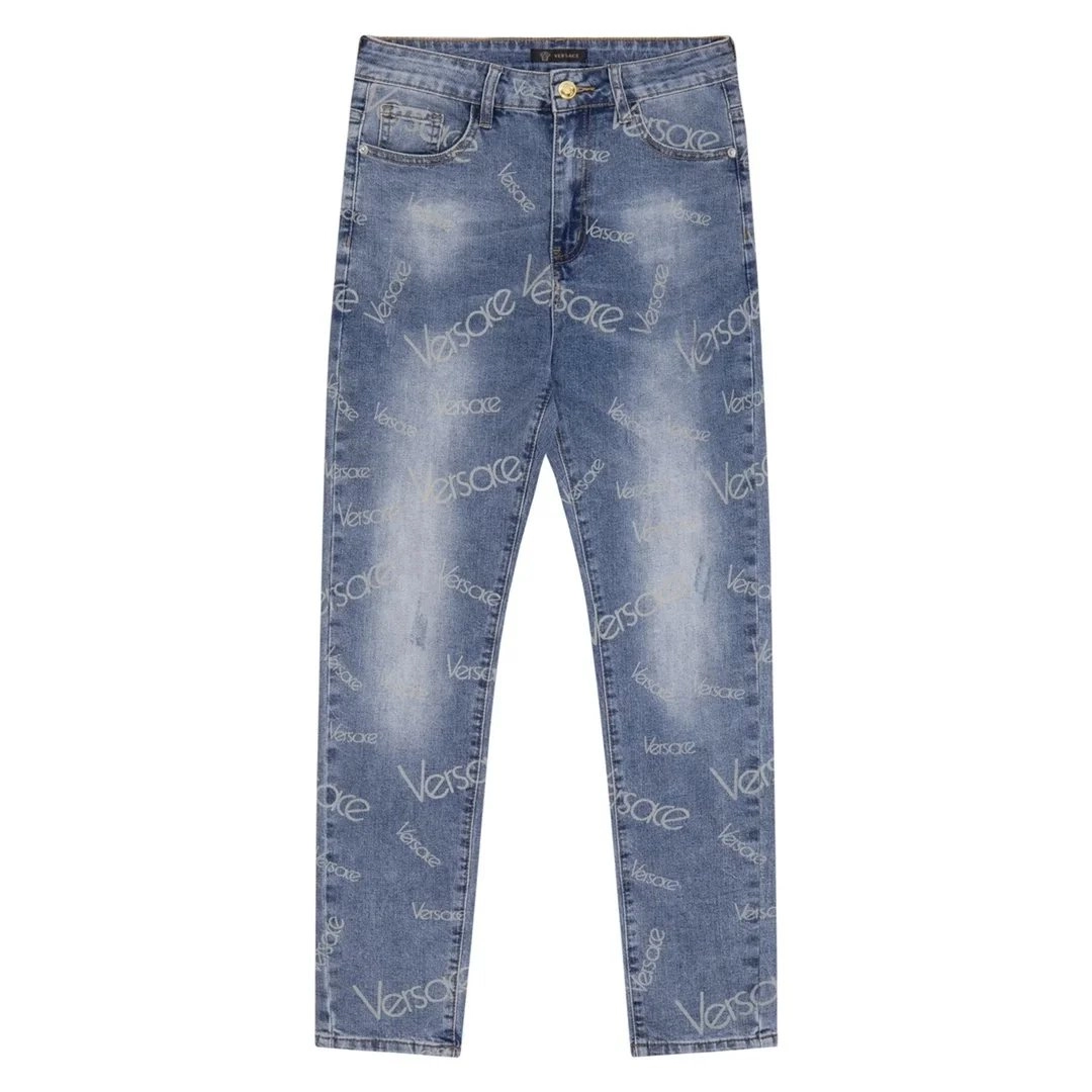 Versace Logo-Print Distressed Slim-Fit Denim Jeans Blue
