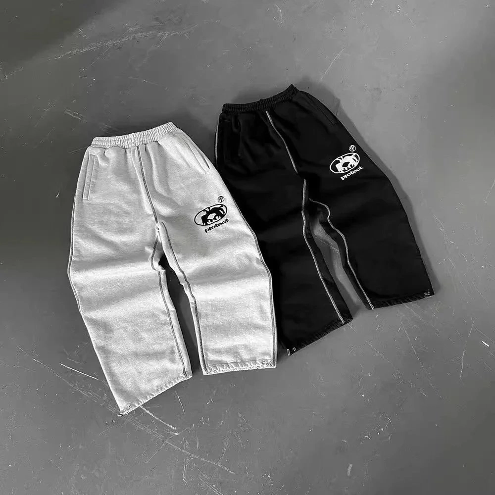 Protect Logo Embroidered Wide-Leg Sweatpants - Gray and Black
