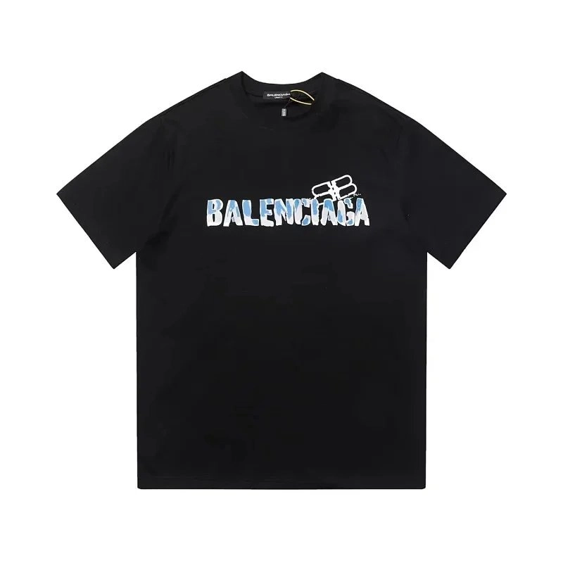 Balenciaga Black T-Shirt with Distressed Logo and BB Motif