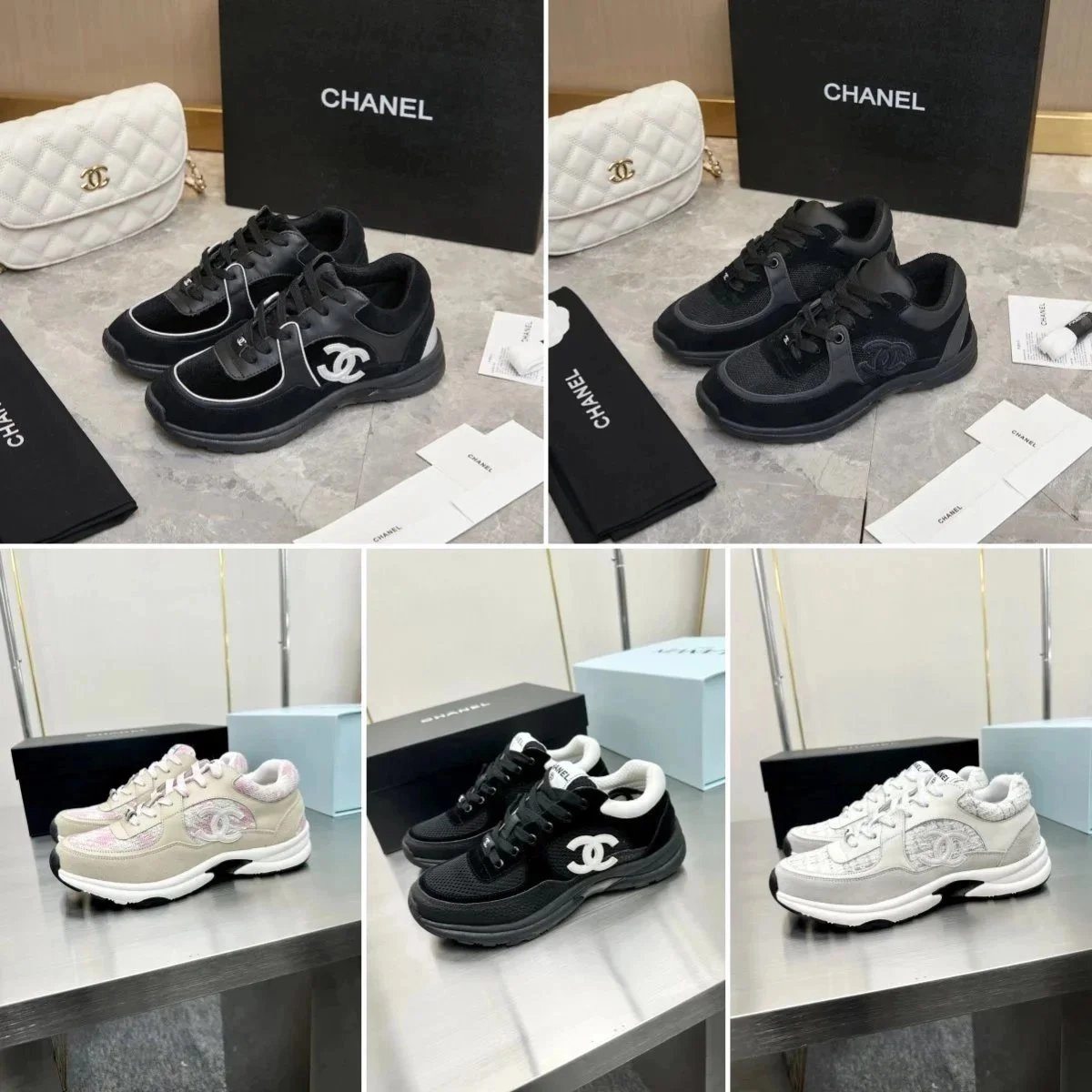 Chanel CC Logo Sneakers - Black Velvet Mesh with White Trim