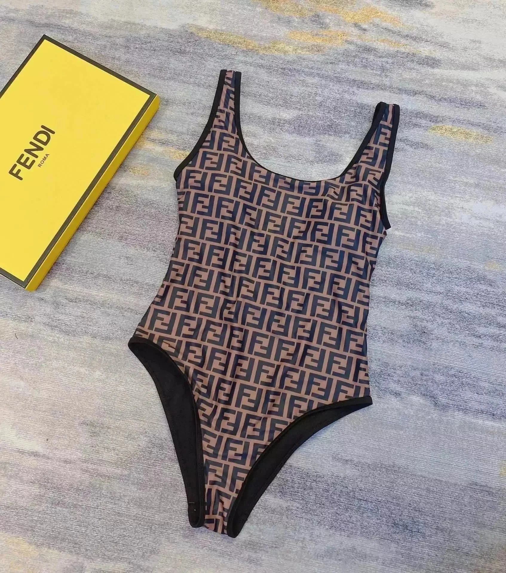 Fendi FF Logo Monogram One-Piece Swimsuit Beige Black