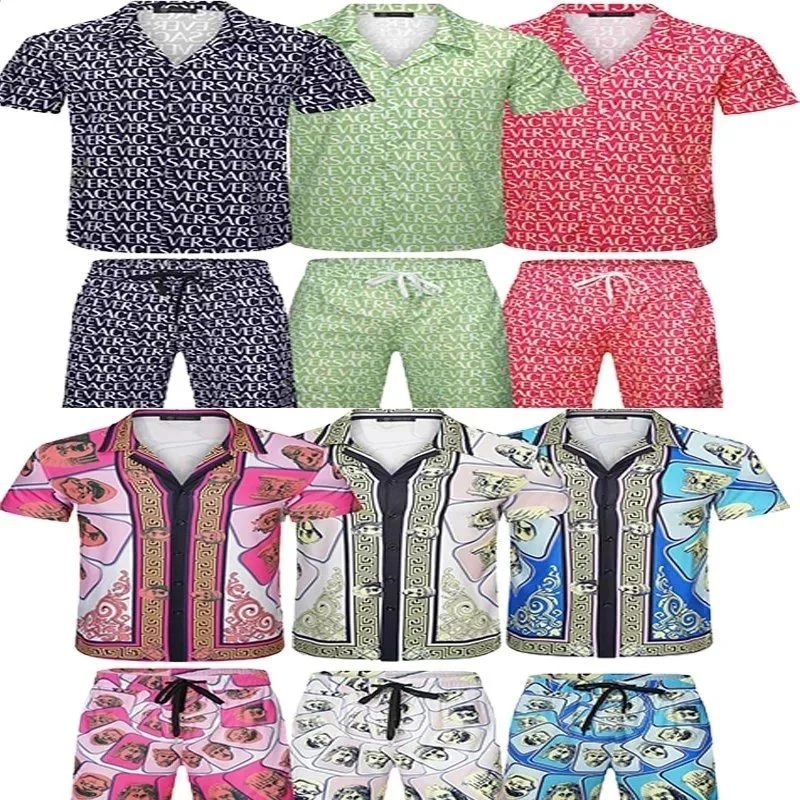Versace Logo Print Short-Sleeve Shirt and Shorts Set - Navy Green Pink