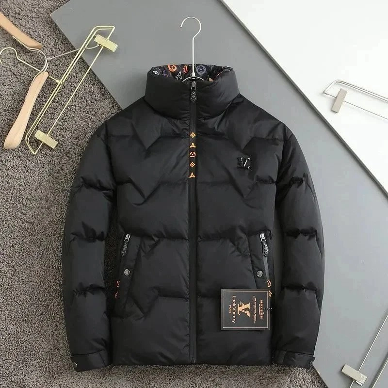 Luck Victory Black Puffer Jacket with Gold Logo Zipper and Patterned Collar