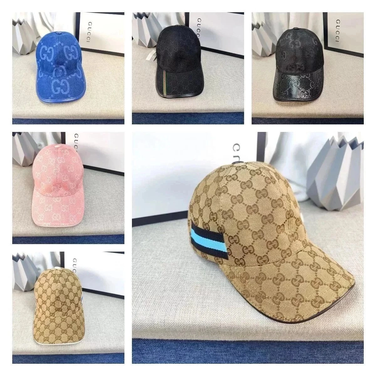 Gucci GG Monogram Baseball Cap Beige with Blue-Black Stripe