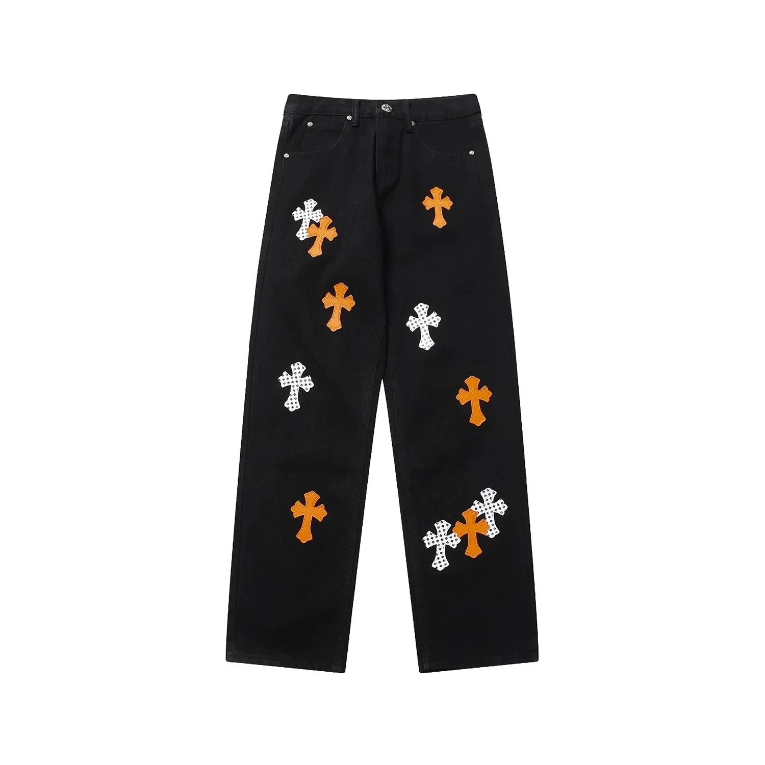 Chrome Hearts Black Denim Pants with Orange and White Cross Patches