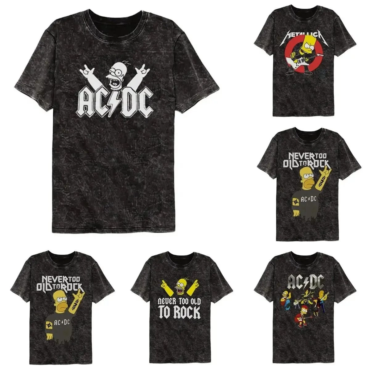 AC/DC x The Simpsons Acid Wash T-Shirt with Homer Rock Gesture