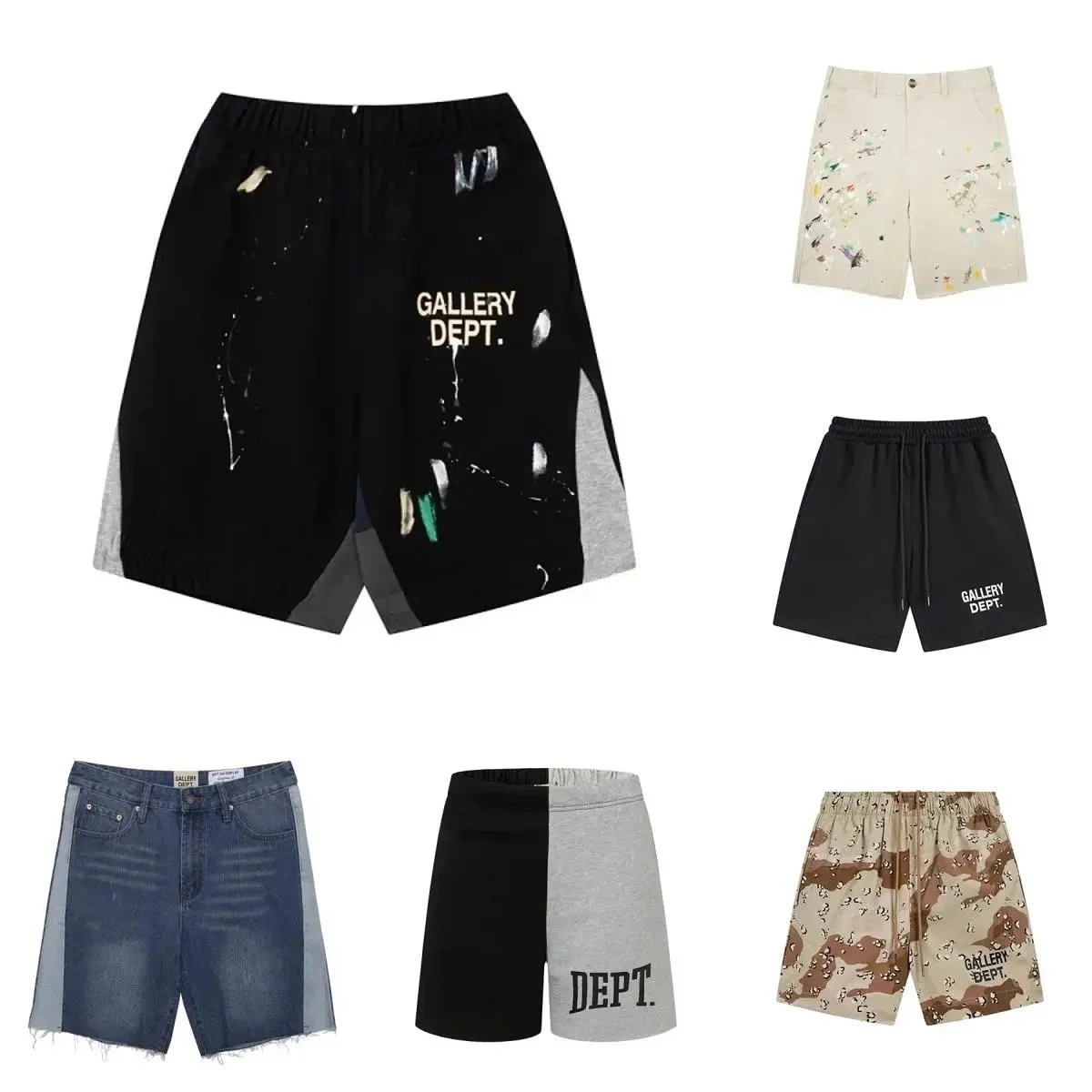 Gallery Dept Paint-Splatter Black Shorts with Gray Panels