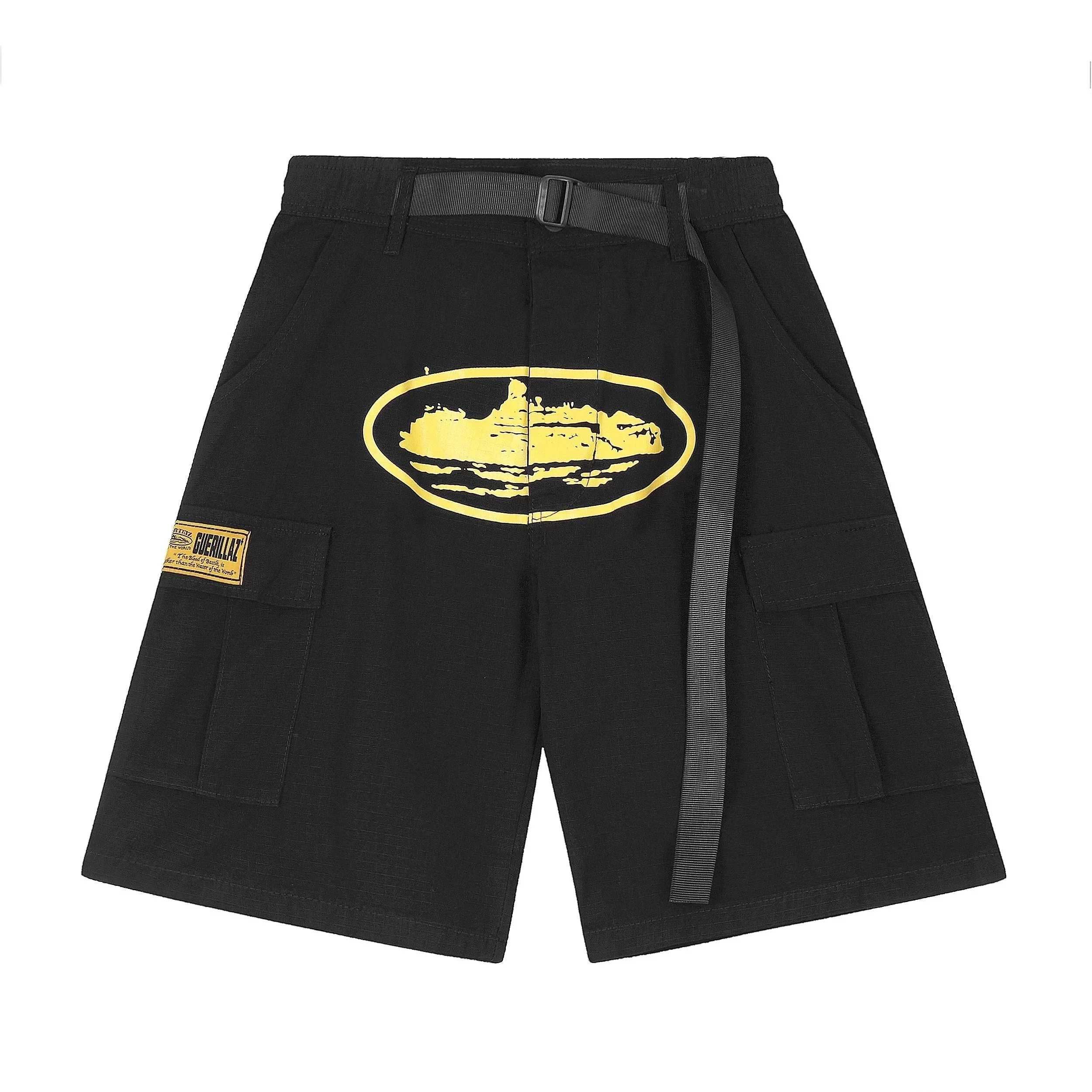 Guerrillaz Black Cargo Shorts with Yellow Oval Logo and Belt