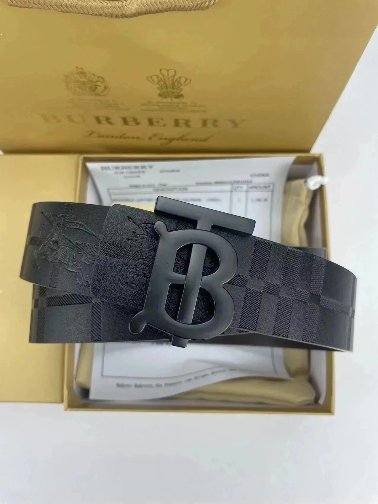 Burberry Black Check Leather Belt with Monogram TB Buckle