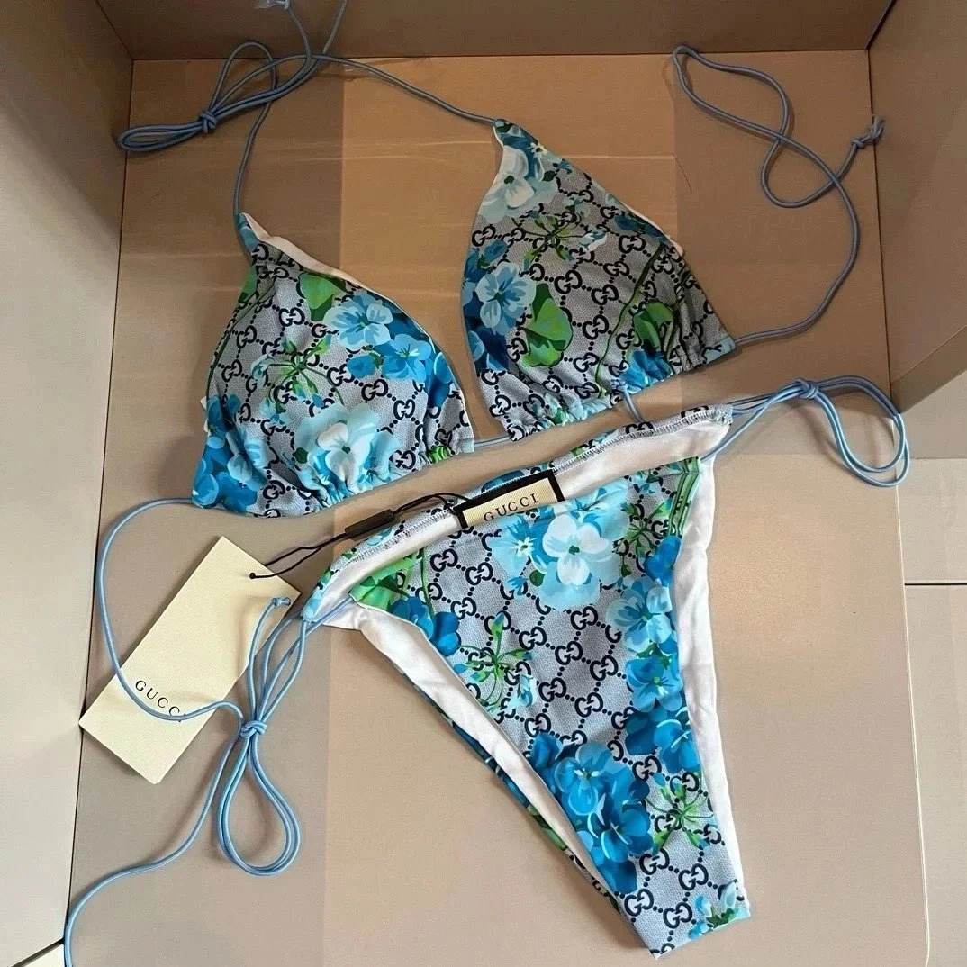 Gucci Floral GG Print Triangle Bikini Set Blue Green
