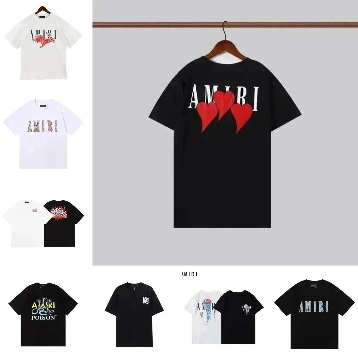 AMIRI Black T-Shirt with Triple Red Hearts Graphic Print