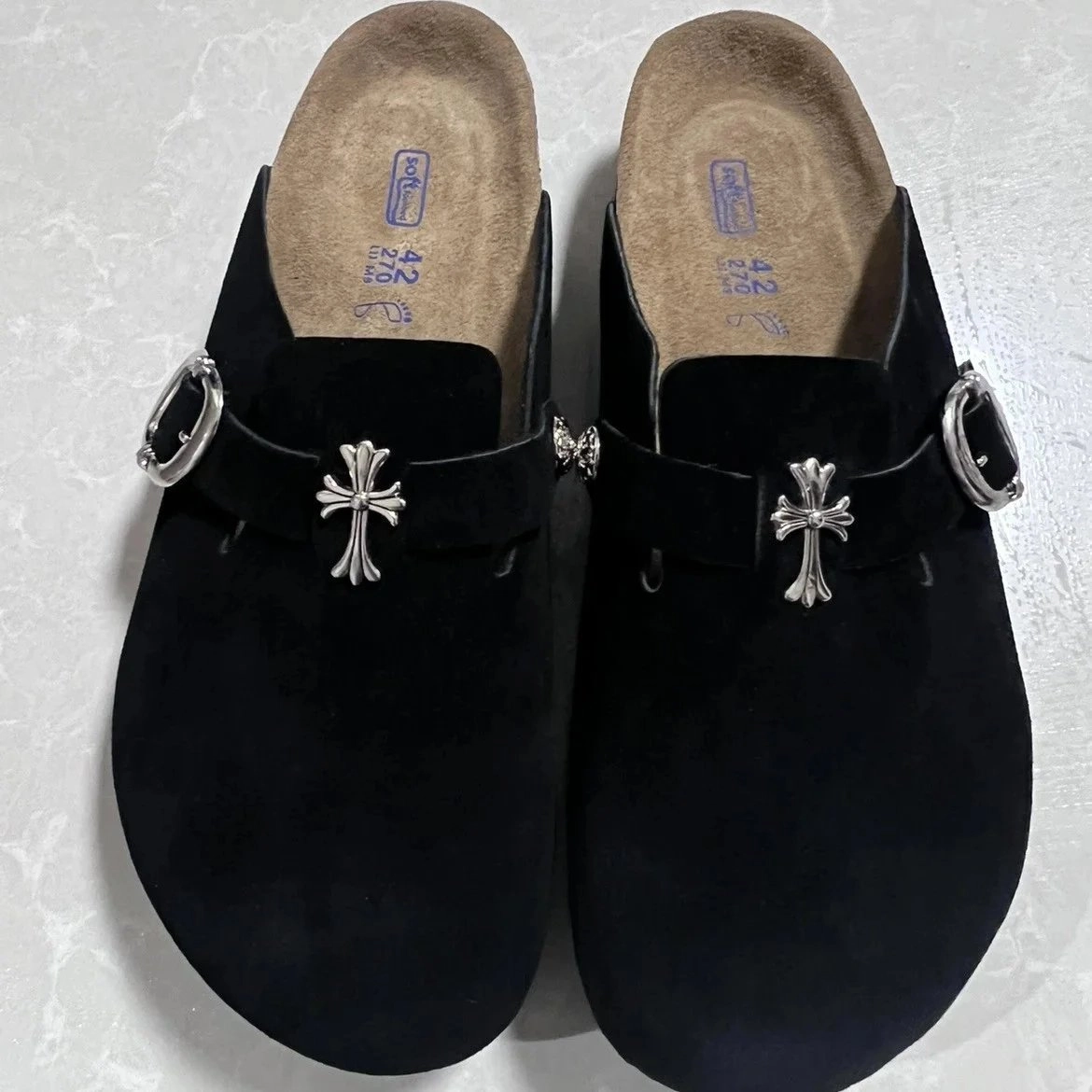 Chrome Hearts Black Velvet Mule with Silver Cross Buckle
