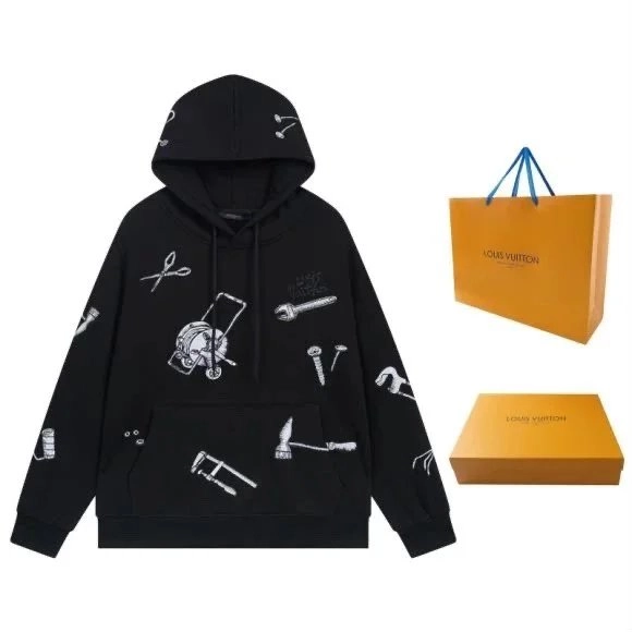 Louis Vuitton Black Hoodie with White Tool Print Pattern