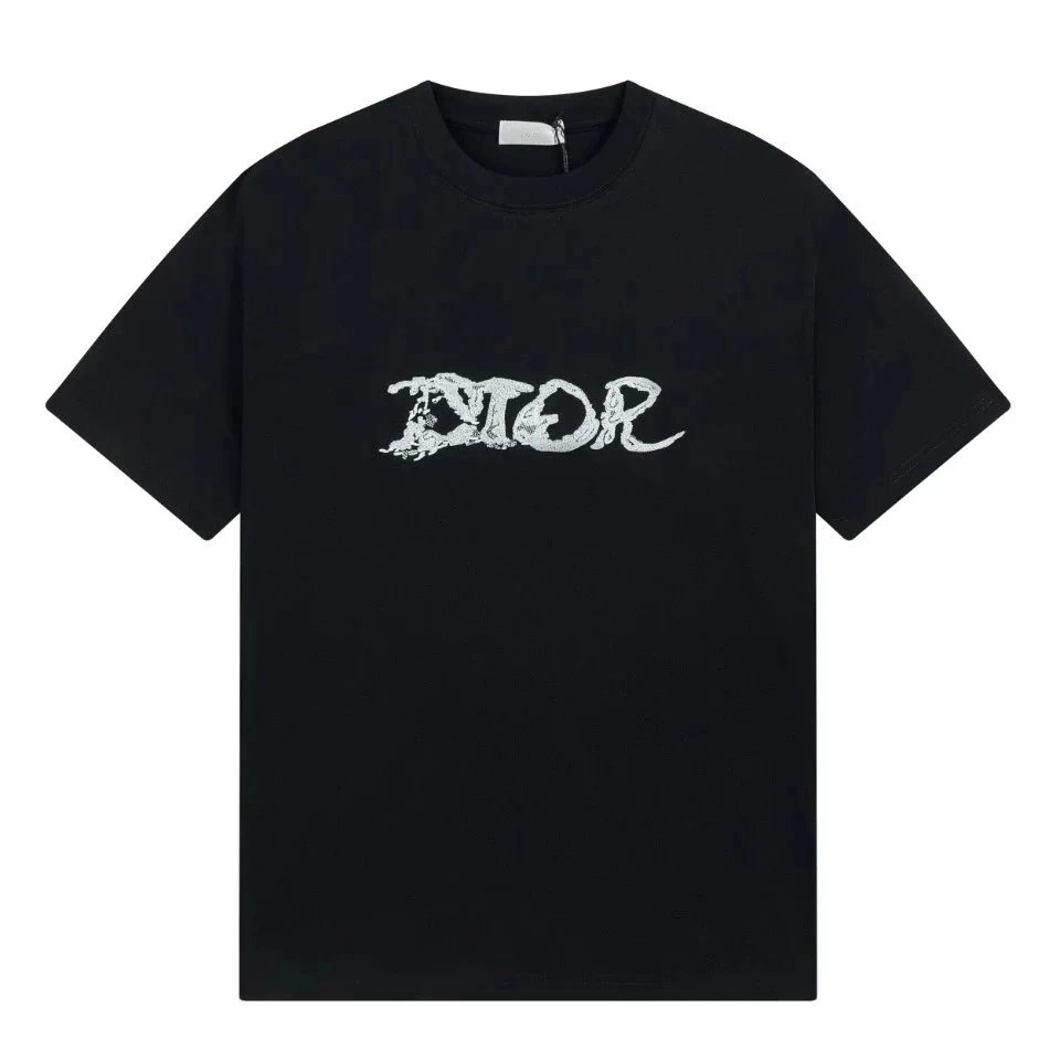 Dior Black T-Shirt with Distressed Logo Embroidery
