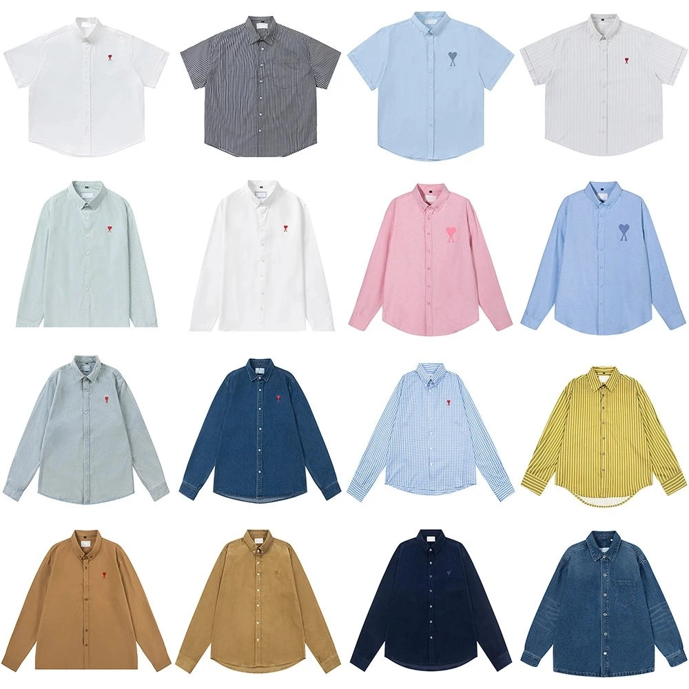 Ami Paris Heart-Embroidered Cotton Shirt - Light Blue