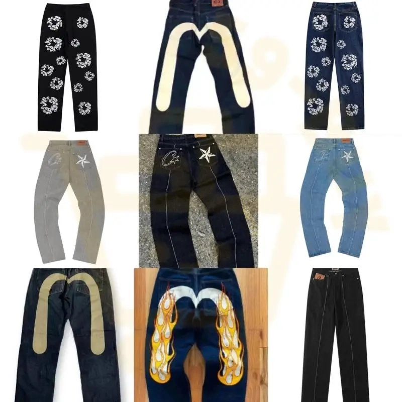 Evisu Flame Embroidery Denim Pants - Navy Blue with Fire Motif