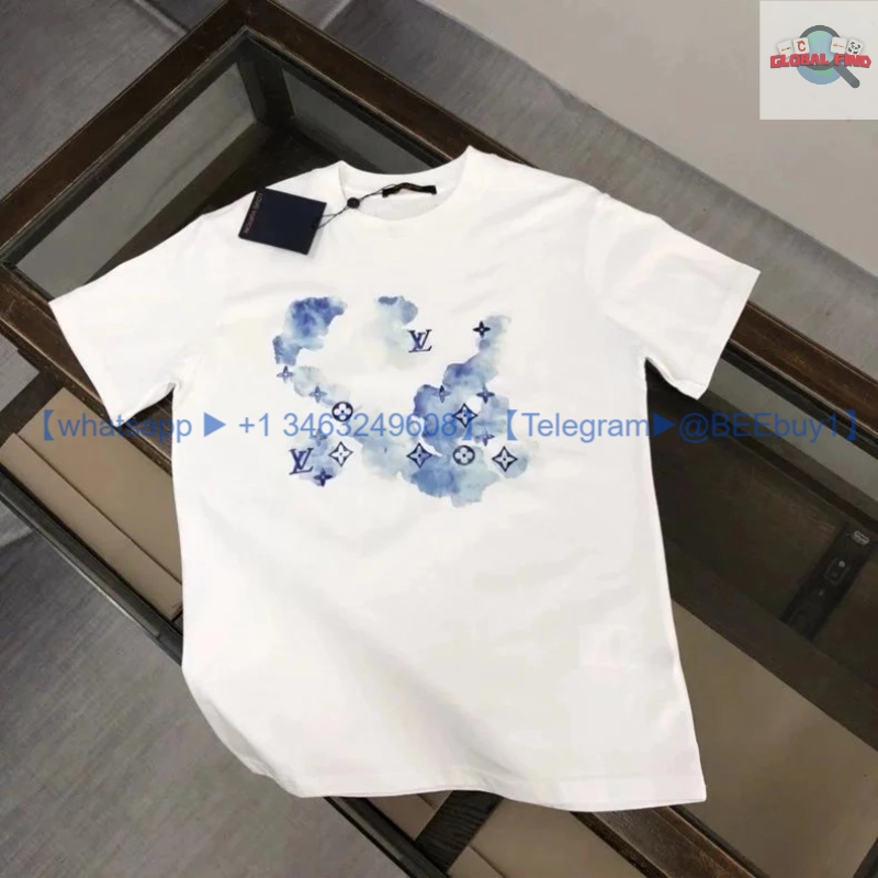 Louis Vuitton White T-Shirt with Blue Watercolor Monogram Print
