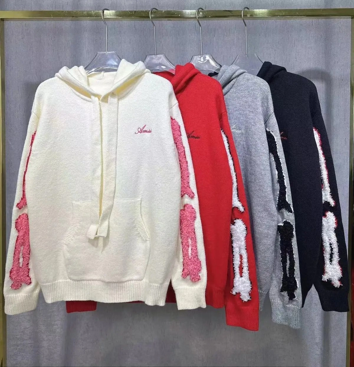 Amiri Bone Knit Hoodie - Cream with Pink Embroidered Bones
