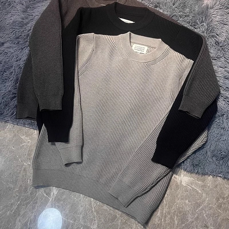 COS Ribbed Knit Crewneck Sweater in Beige with Contrast Sleeves