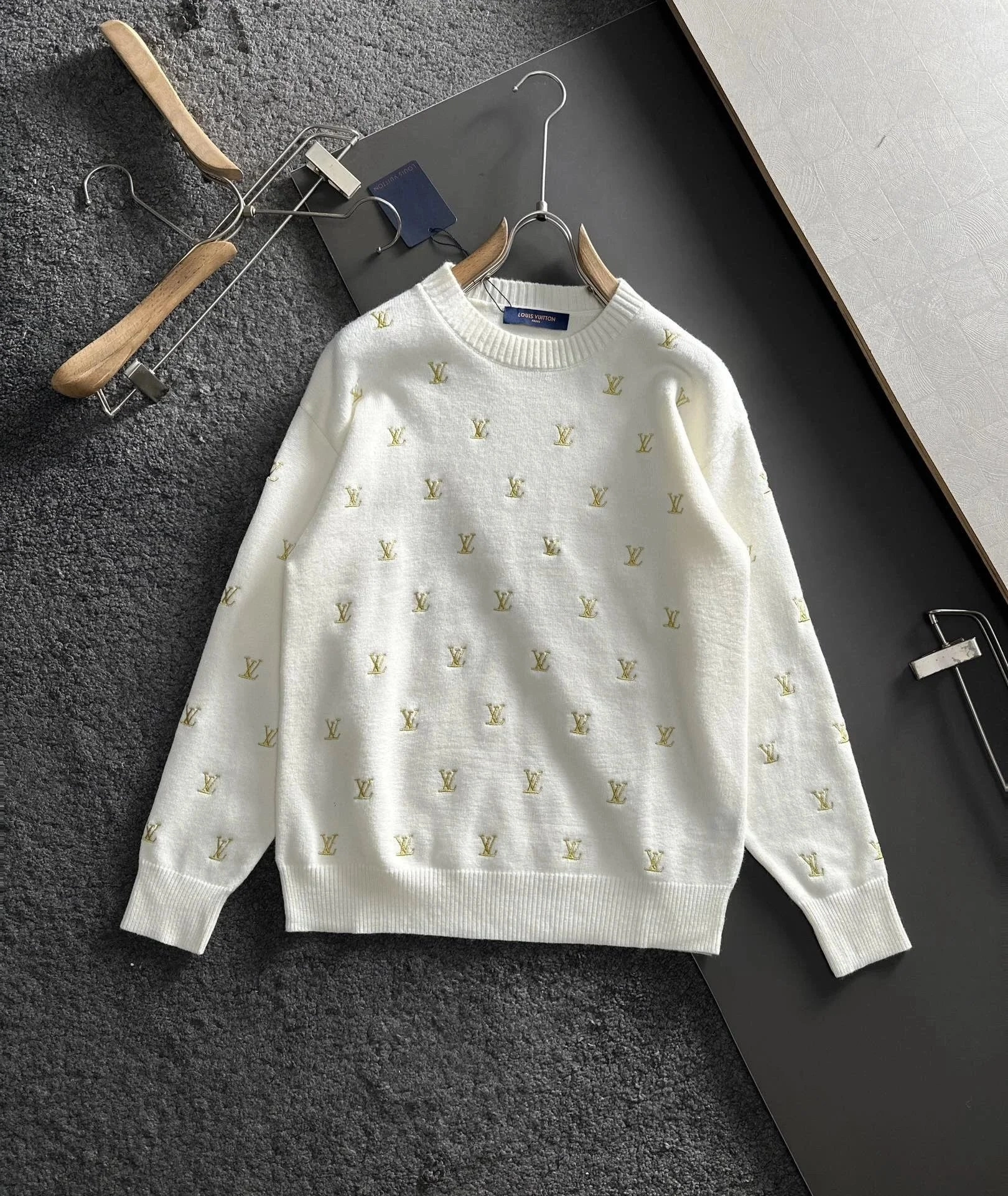 Louis Vuitton White Knit Sweater with Gold Monogram Pattern