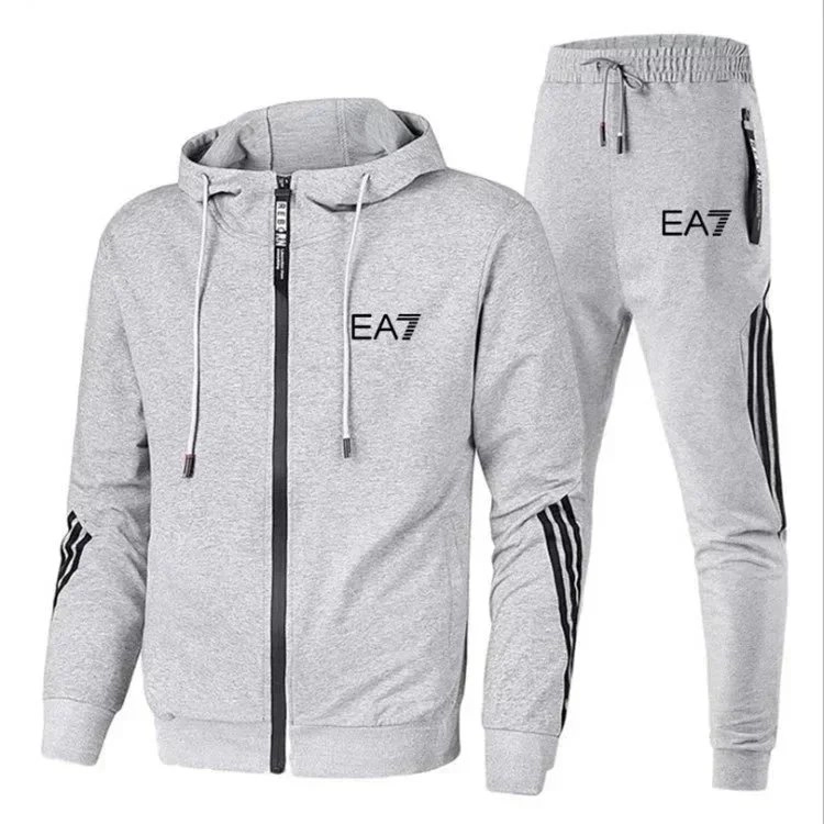 EA7 Gray Zip-Up Hoodie and Jogger Pants Set with Black Stripes