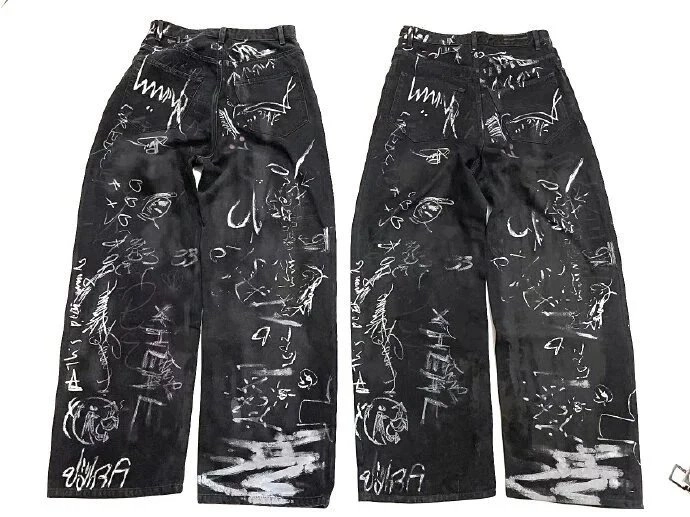 Black Graffiti-Print Wide-Leg Denim Pants with Abstract White Scribbles