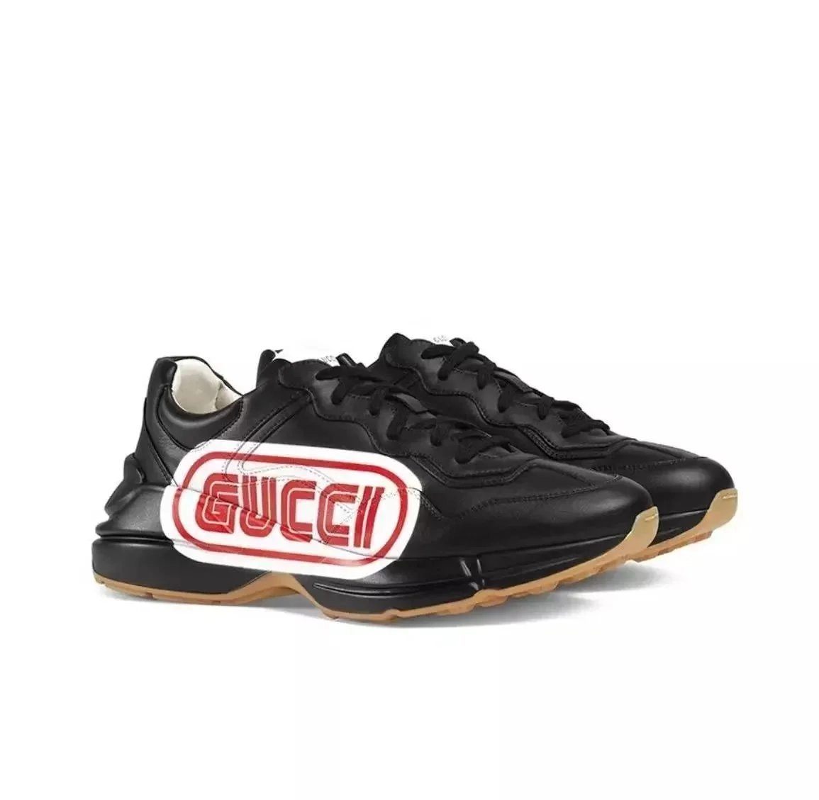 Gucci Rhyton Leather Sneakers Black with Red Logo