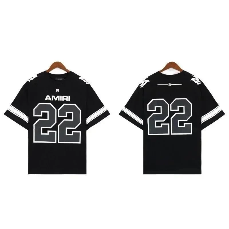 AMIRI Black Football Jersey T-Shirt with Number 22 and White Stripes