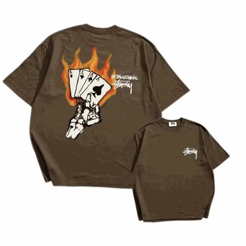 Stussy Four Aces Flame Skeleton Graphic T-Shirt Brown