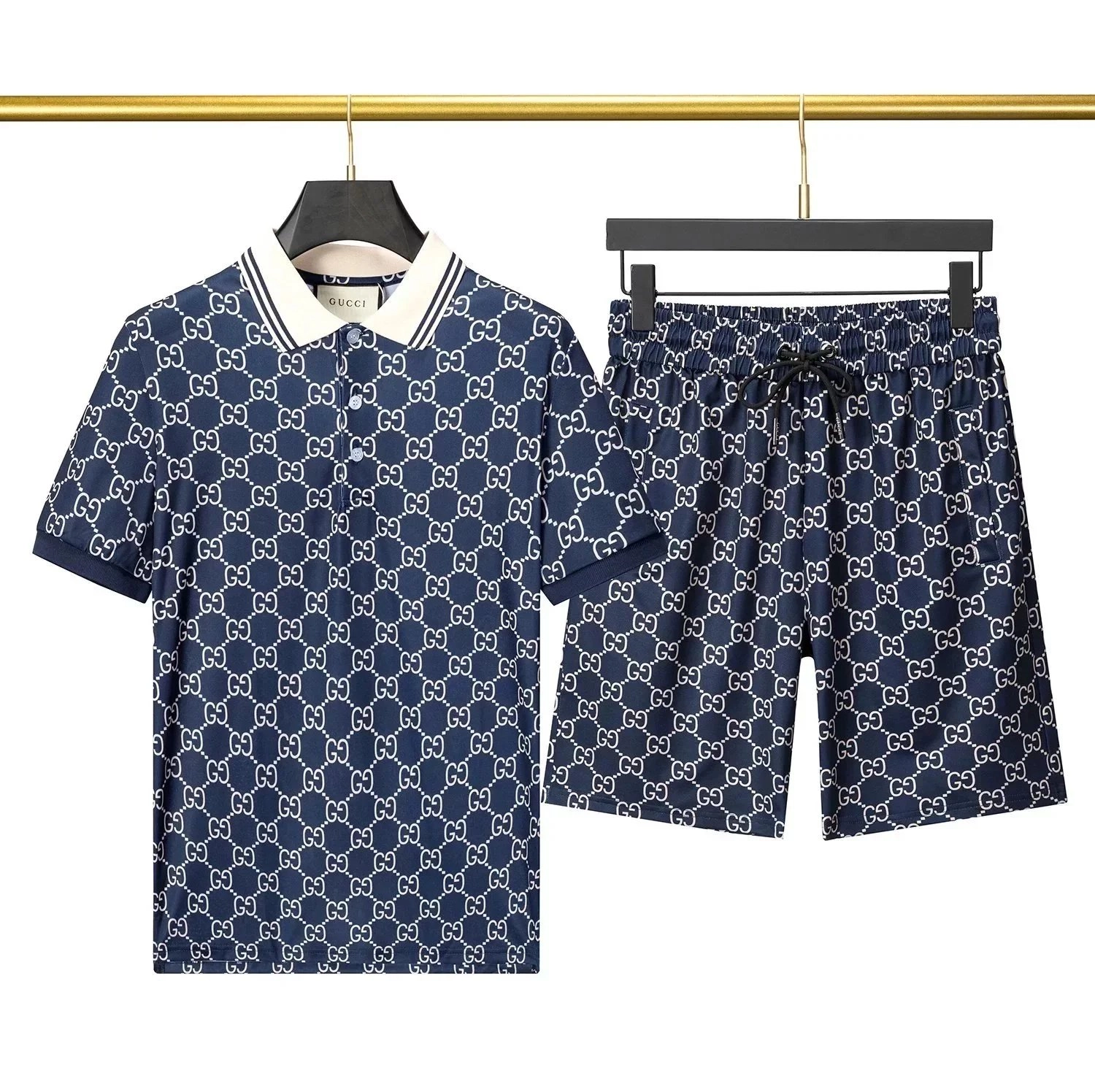 Gucci GG Monogram Polo Shirt and Shorts Set Navy Blue