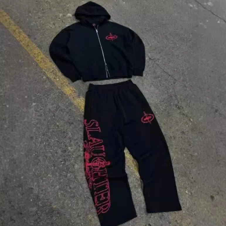 Slaughter Black Zip-Up Hoodie and Pants Set with Red Logo