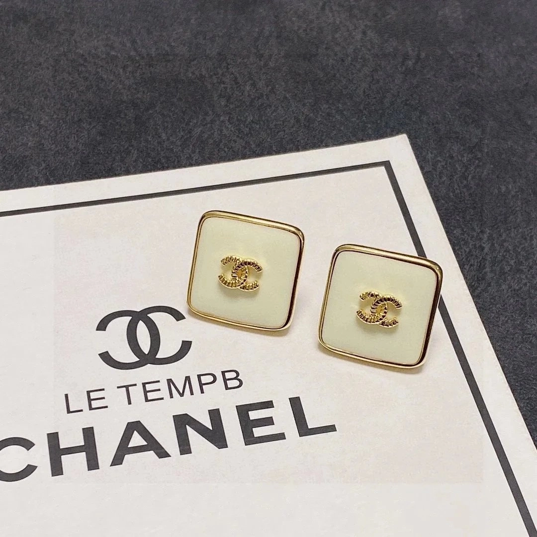 Chanel Square Stud Earrings with Gold CC Logo and Cream Enamel