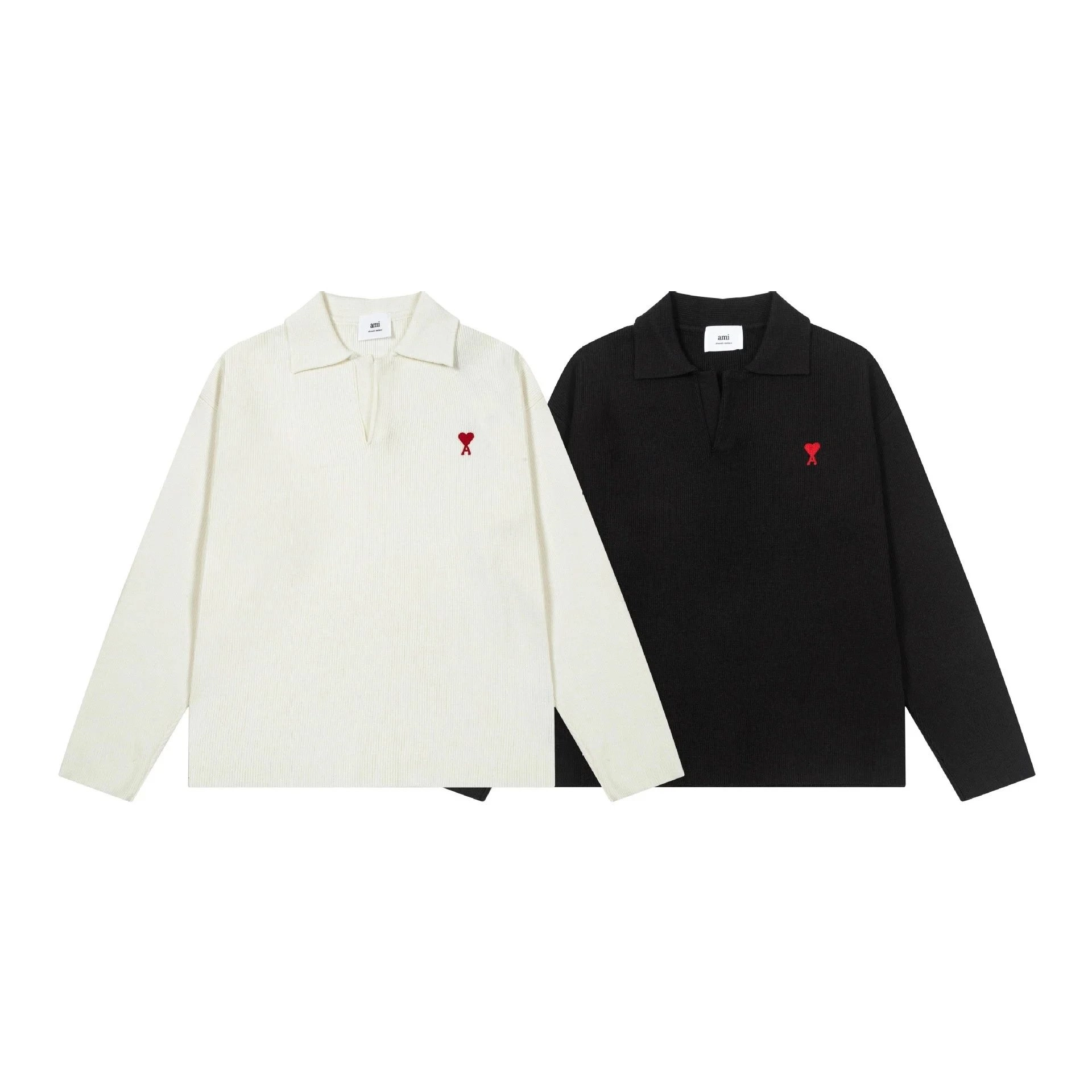 Ami Paris Ribbed Polo Shirt with Red Heart Logo - Cream/Black