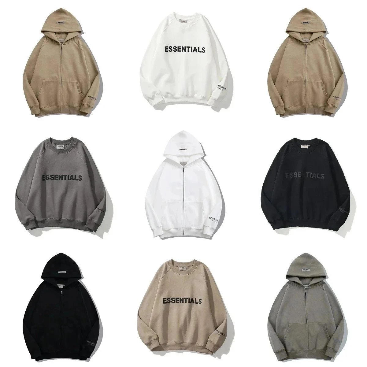 Essentials Fleece Hoodie Zip-Up Beige Oversized Fit