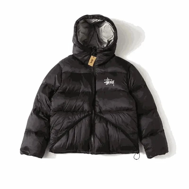 Stussy Black Hooded Puffer Jacket with Logo Embroidery