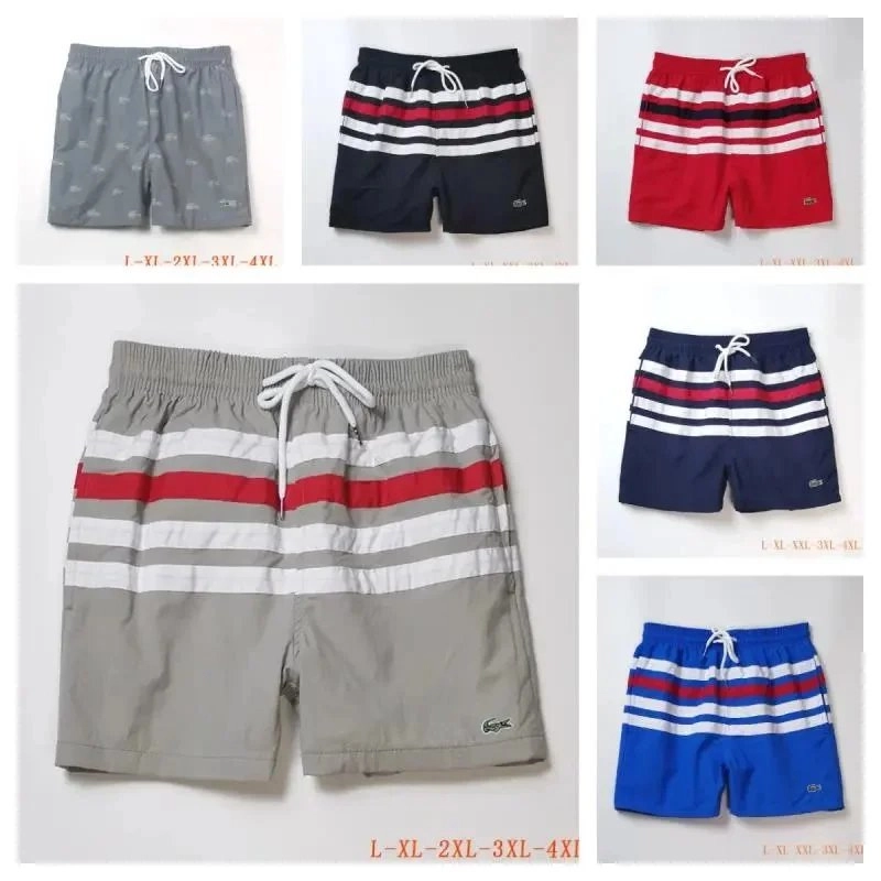 Lacoste Men's Striped Swim Trunks with Crocodile Logo