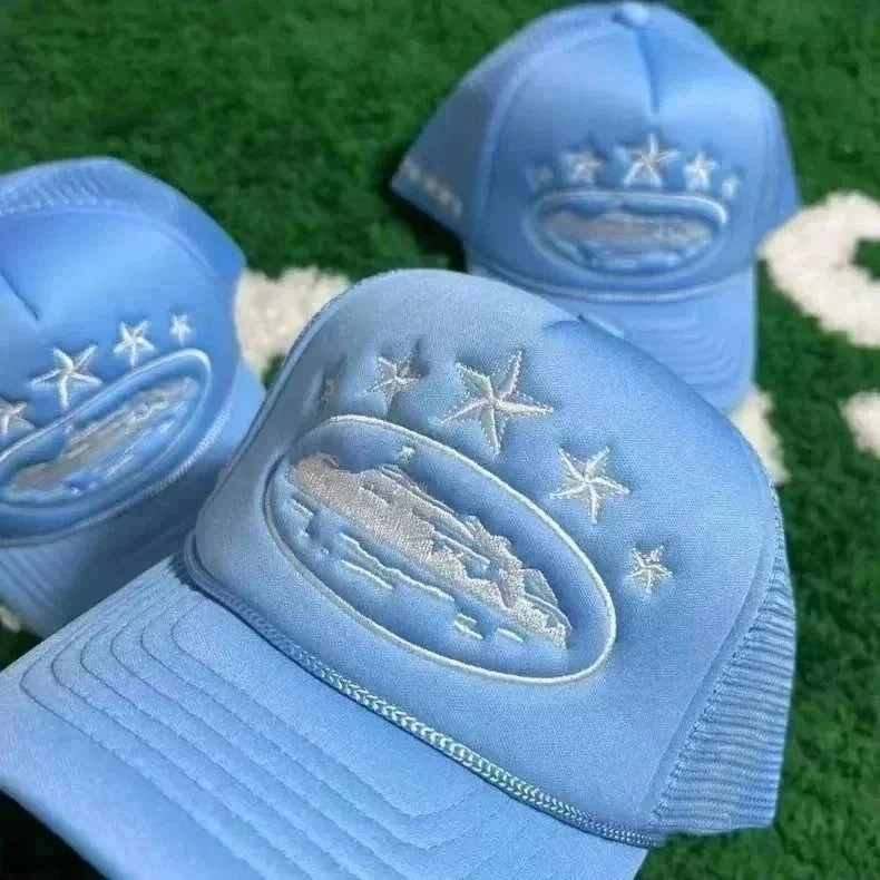 Light Blue Trucker Hat with Embroidered Landscape and Stars