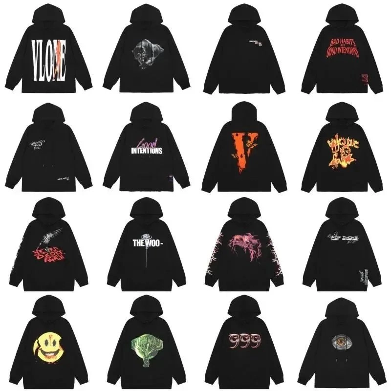 Vlone Black Hoodie with Bold White Logo and Orange Slash