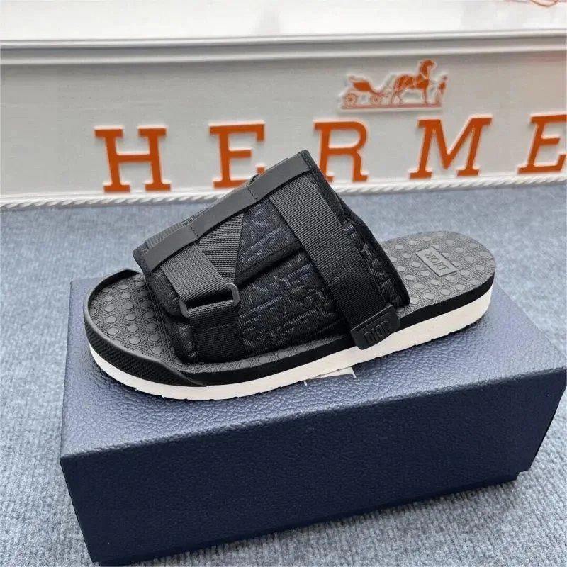Dior B23 Black Oblique Print Slide Sandal with Adjustable Strap