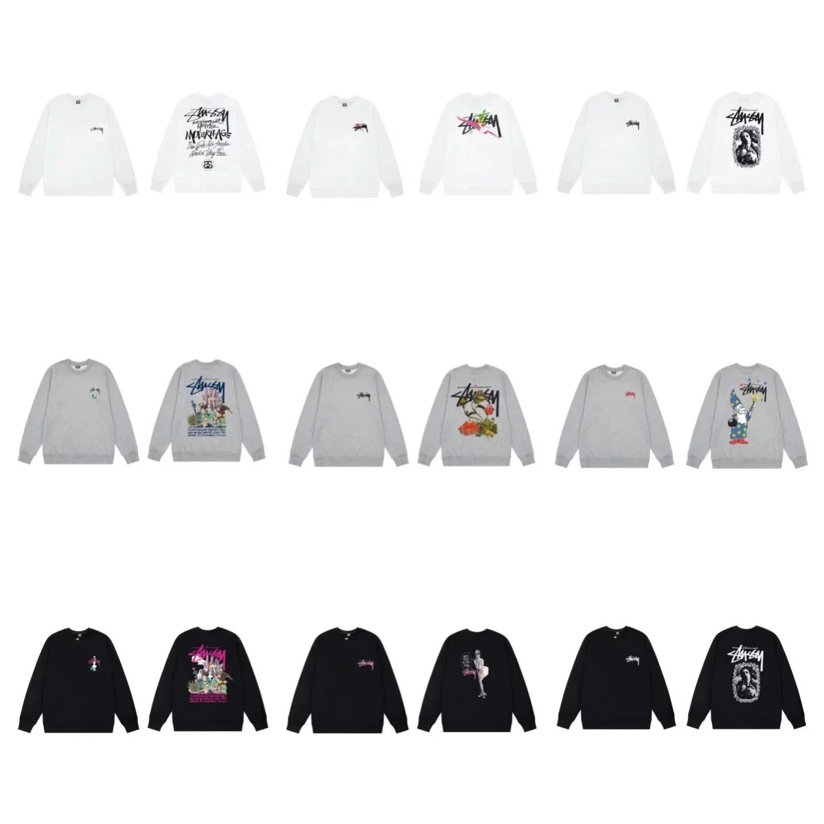 Stussy Graphic Print Crewneck Sweatshirt - White/Gray/Black