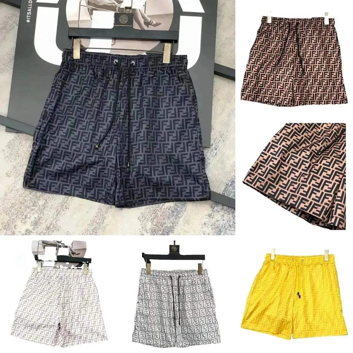 Fendi FF Logo Print Swim Shorts - Navy Blue with Drawstring Waist