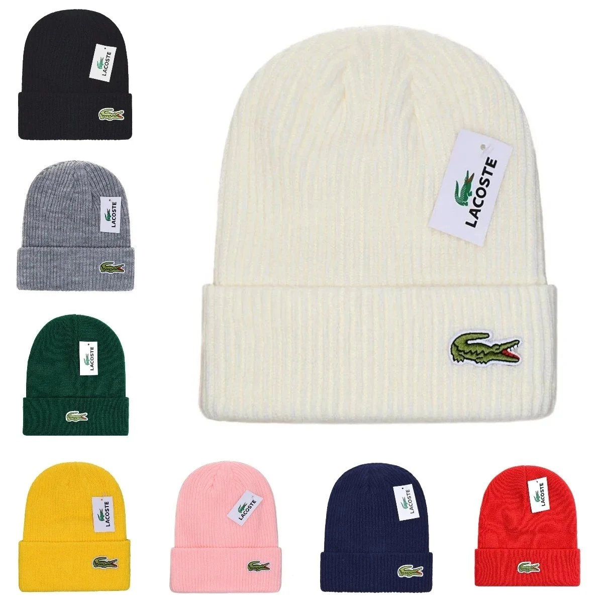 LACOSTE Ribbed Knit Beanie with Embroidered Crocodile Logo - Cream