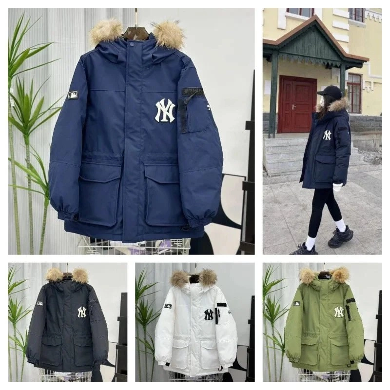 MLB New York Yankees Parka Jacket with Fur Hood - Navy Blue