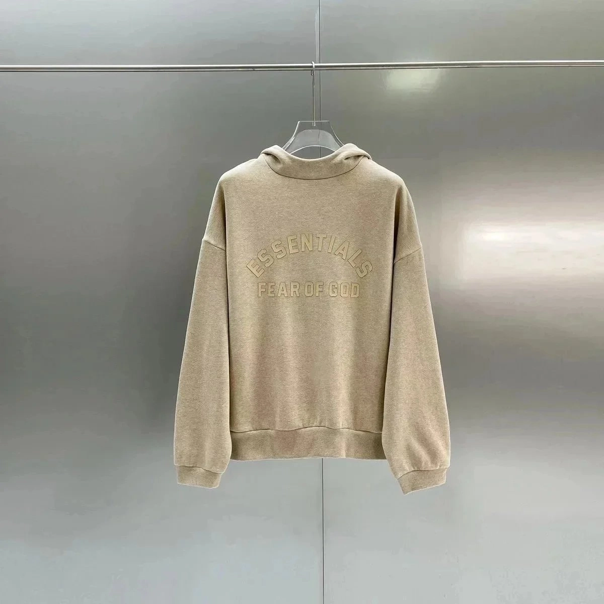 Fear of God Essentials Beige Hooded Sweatshirt with Embossed Logo