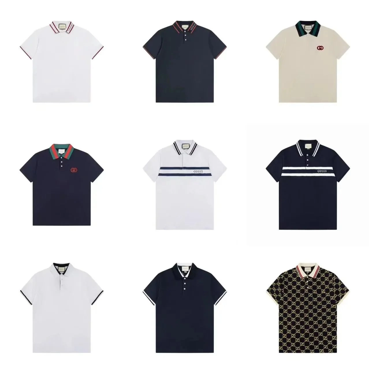 Gucci GG Monogram Print Polo Shirt Navy Gold
