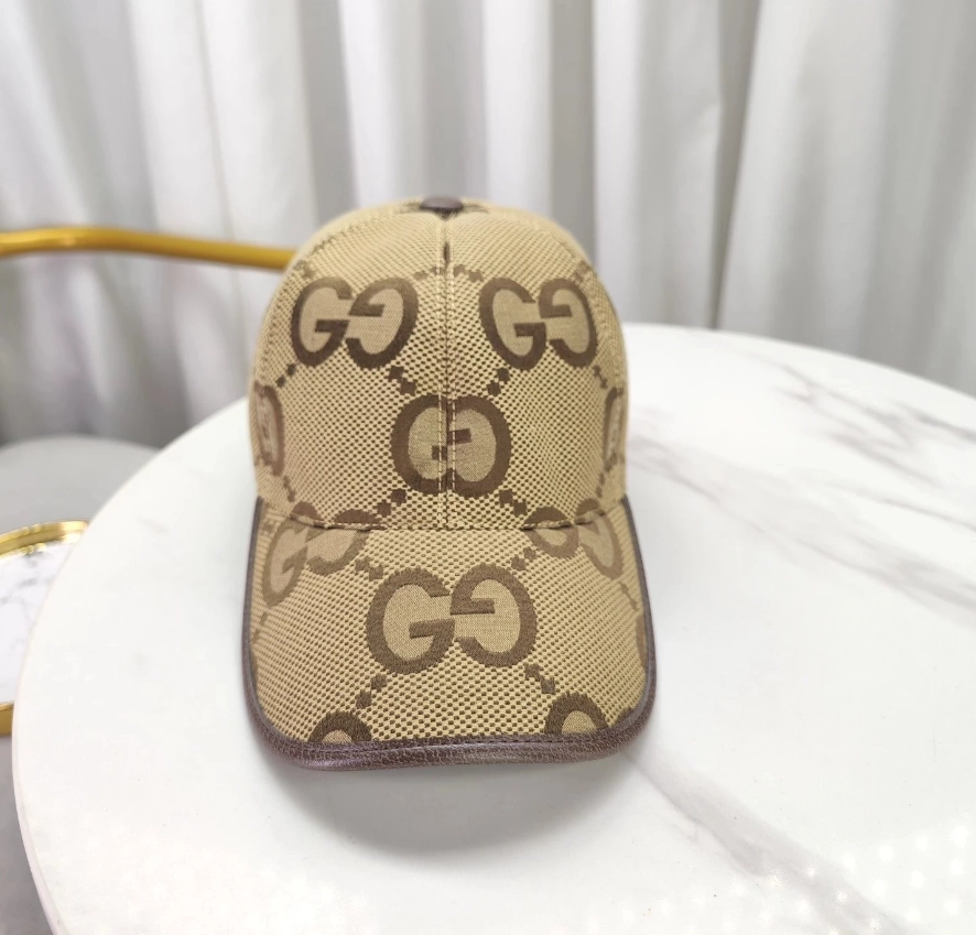 Gucci GG Monogram Beige Mesh Baseball Cap with Brown Trim