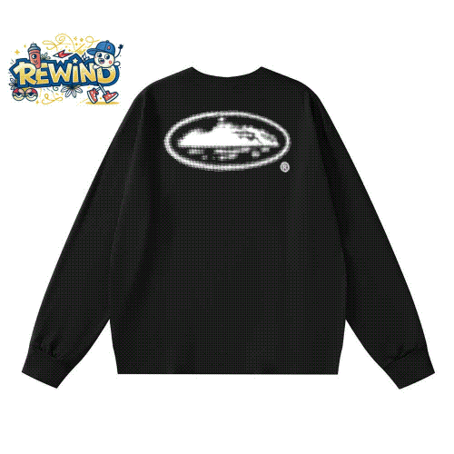 REWIND Pixelated Oval Logo Black Mesh Sweater
