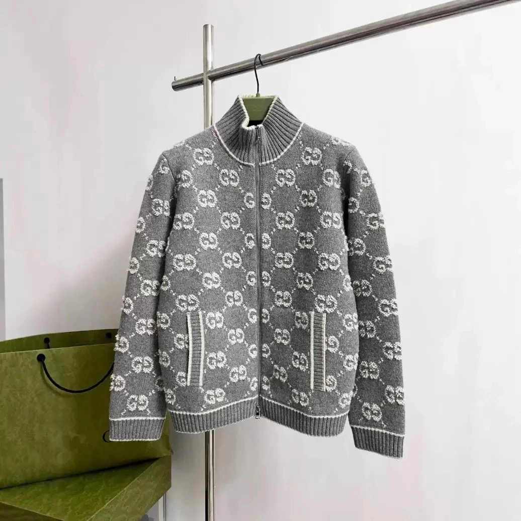 Gucci GG Monogram Knit Zip-Up Sweater - Gray with White Pattern