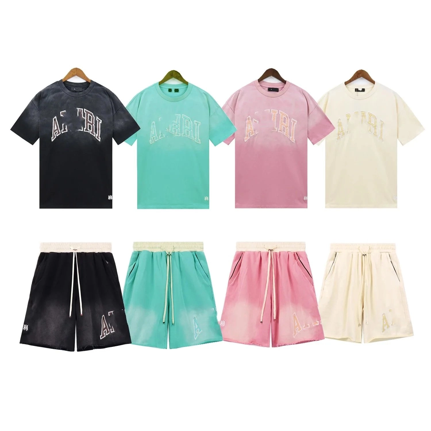 Amiri Arch Logo Tie-Dye T-Shirt and Shorts Set - Black Mint Pink Cream