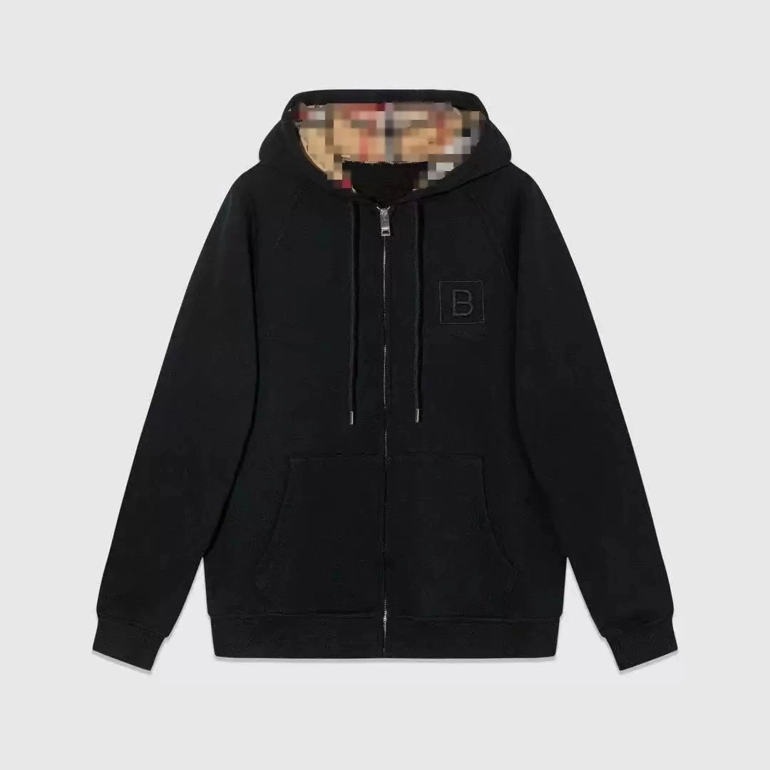 Burberry Black Zip-Up Hoodie with Check Lining and Embossed B Logo
